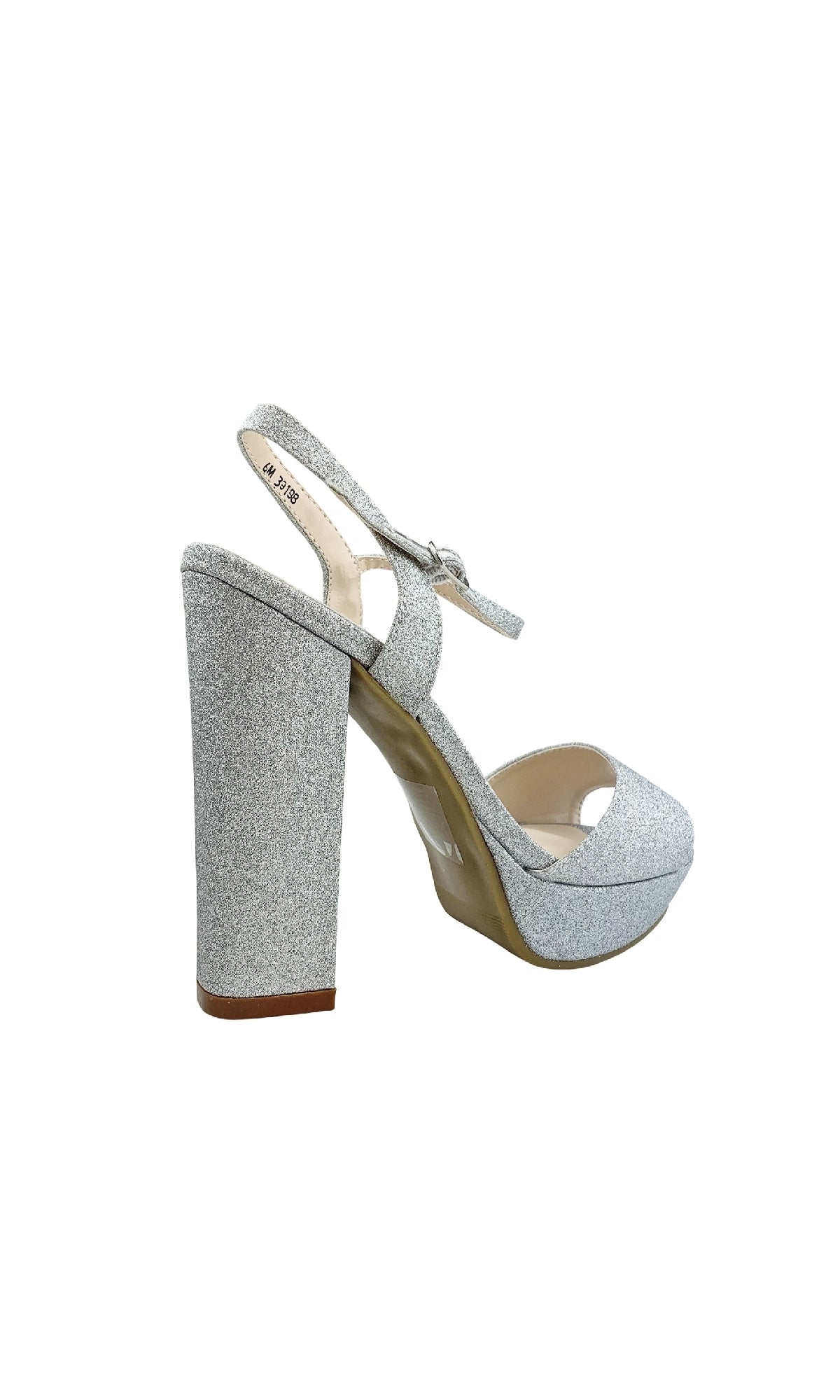 Whitta Silver Glitter Prom Shoes: Dyeables 55717—high-heeled platform sandals with block heels, open toe, ankle strap, and sparkling finish, perfect for prom or party looks. Shown on a white background.